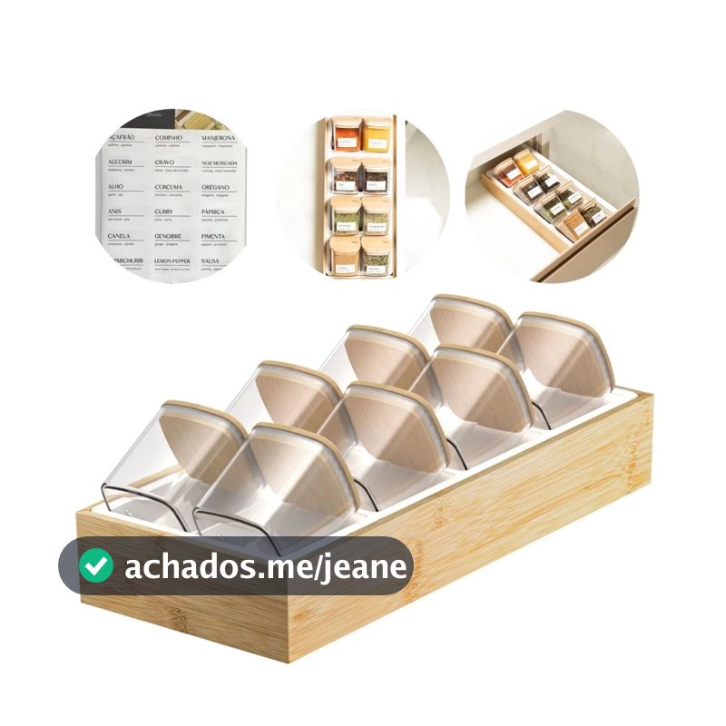Organizador de Temperos Porta Condimentos Hermético Bambu Gaveta 24 Adesivos 8 Potes Cozinha
