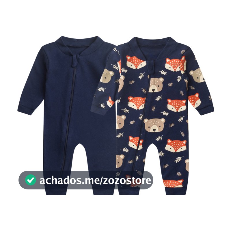 Kit 2 Macacão Bebê Zíper Frontal Suedine Liso e Estampado Sem Pé Enxoval para Bebês Menina, Menino e Unissex (RN/P/M/G)