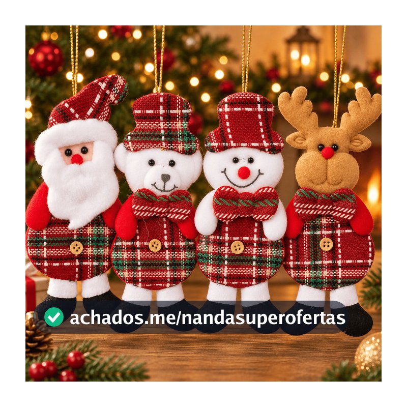 Kit 12 Enfeites Natalinos de Pelúcia 13cm  para Árvore de Natal Papai Noel Alce Urso Boneco de Neve