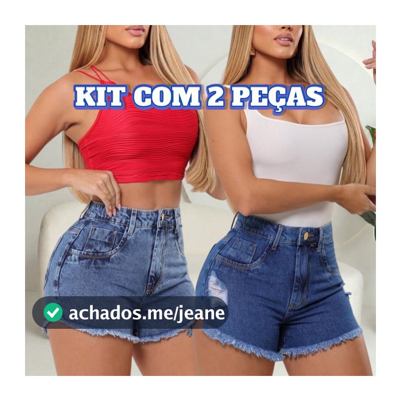 Kit 2 Shorts Jeans Feminino Cintura Alta Modelagem Premium Levanta Bumbum Barra Desfiada Sem Elástano