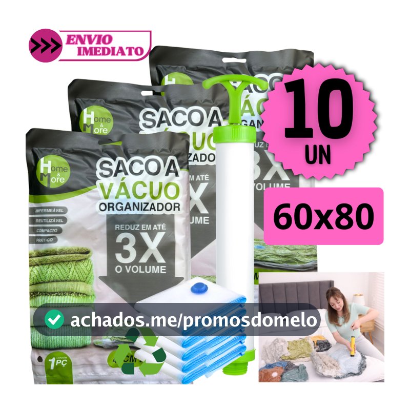 Kit 10 Sacos a Vácuo Organizador 60x80 Bomba Manual Reutilizável Roupas Viagem Compacto Impermeável