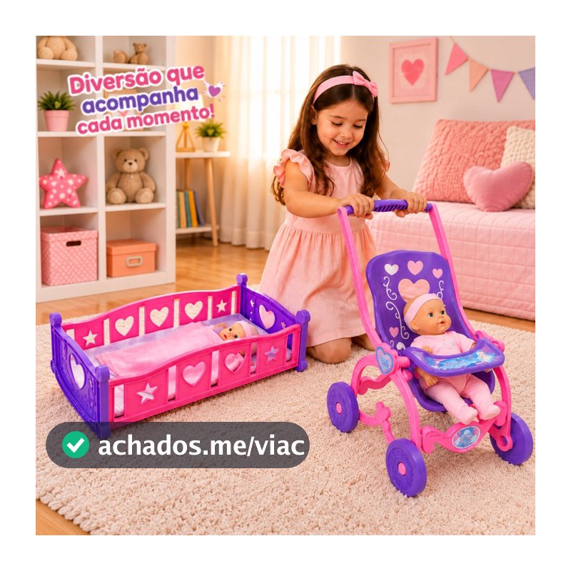 Kit Berço e Carrinho de Boneca Infantil Passeio Criança