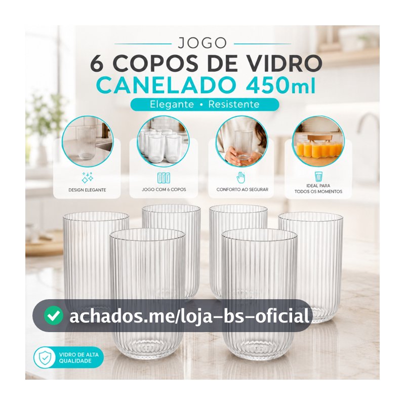 Jogo 6 Copos de Vidro Canelado 450ml Elegante Resistente para Água Suco e Drinks
