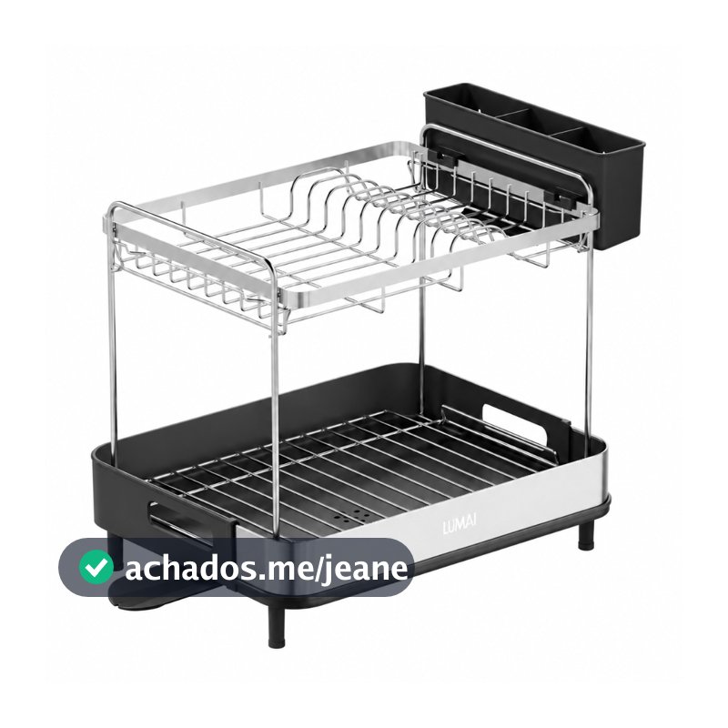 LUMAI Escorredor de Pratos e Louças Viena Grande 2 Andares, Aço Inox com Drenagem e Porta-Talheres