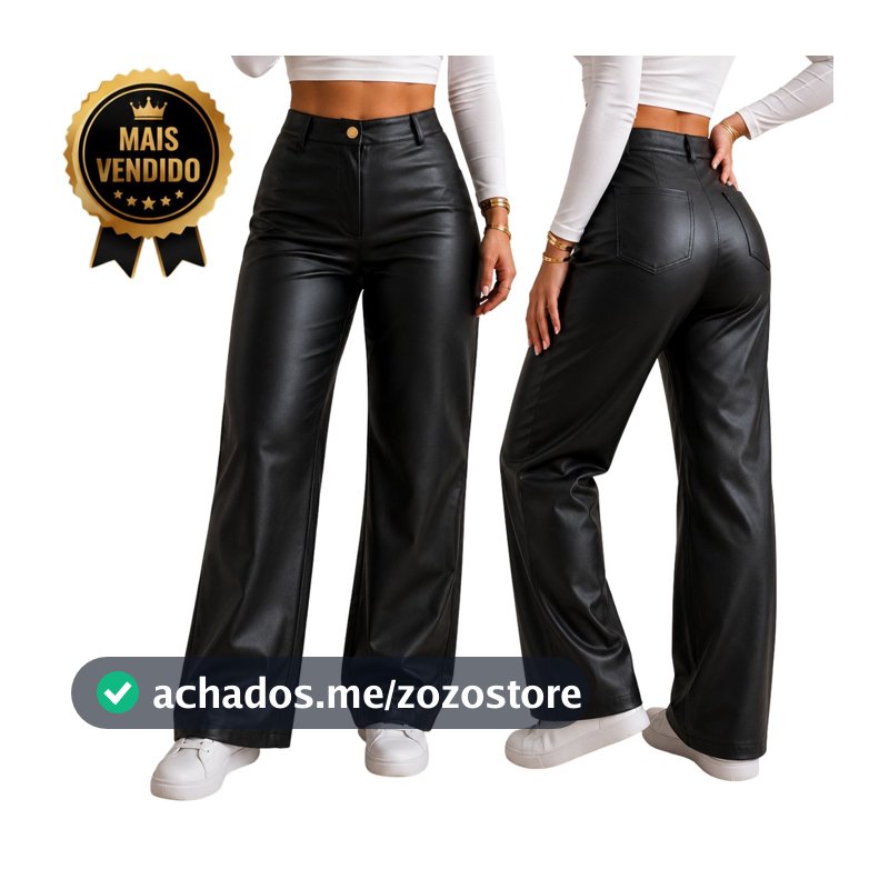 Calça Feminina Wide Leg Pantalona Cintura Alta Preta Couro Ecológico Premium