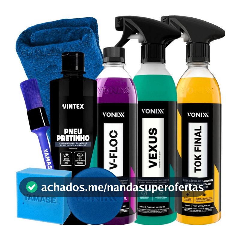 Kit Limpeza Automotiva Shampoo V-Floc Cera de Carnaúba Tok Final Vexus Limpeza Motor Rodas Pneu Pretinho Vintex 500ml