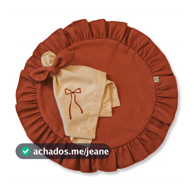 Kit Lugar Americano Redondo Terracota com Babado em Linho + Guardanapo Bordado Laço
