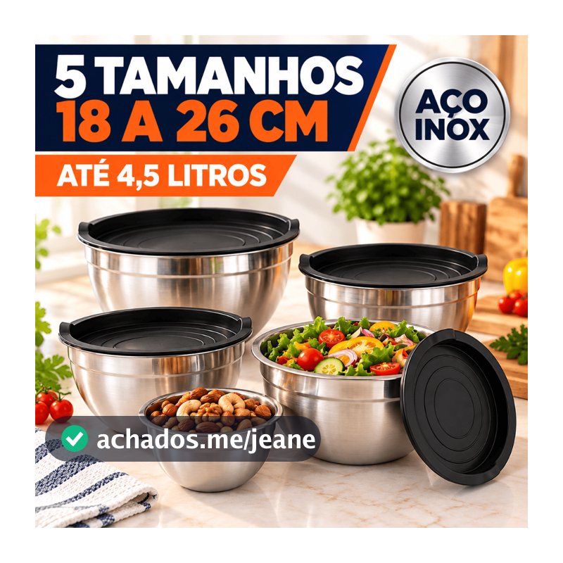Kit Conjunto 5 Bowls Tigelas Inox Tampa Plástica para Cozinha Pote Saladeira Vasilha Aço Inoxidável