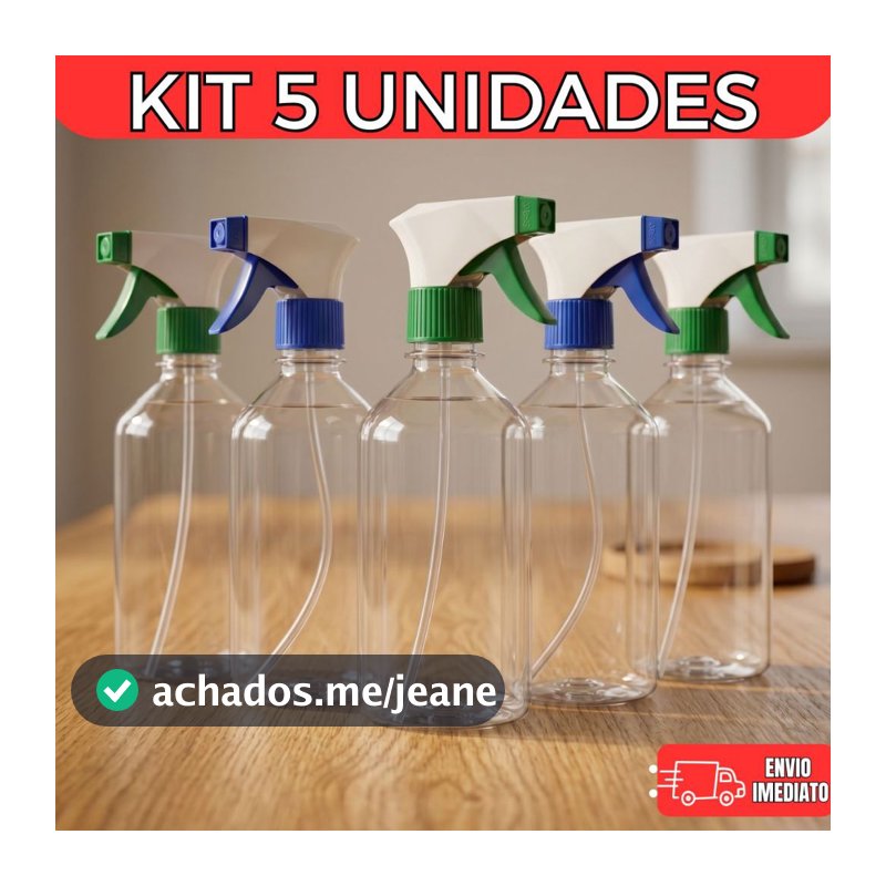Kit 5 Borrifadores 500ml Profissional Gatilho Spray Reforçado Atacado Frasco PET Transparente Multiuso P/ Limpeza Planta