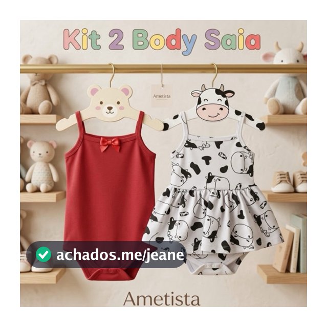 Kit 2 Body de Alcinha Bebê Menina Verão 100% Algodão, Kit Body Bebe Menina Liso + Estampado com Saia