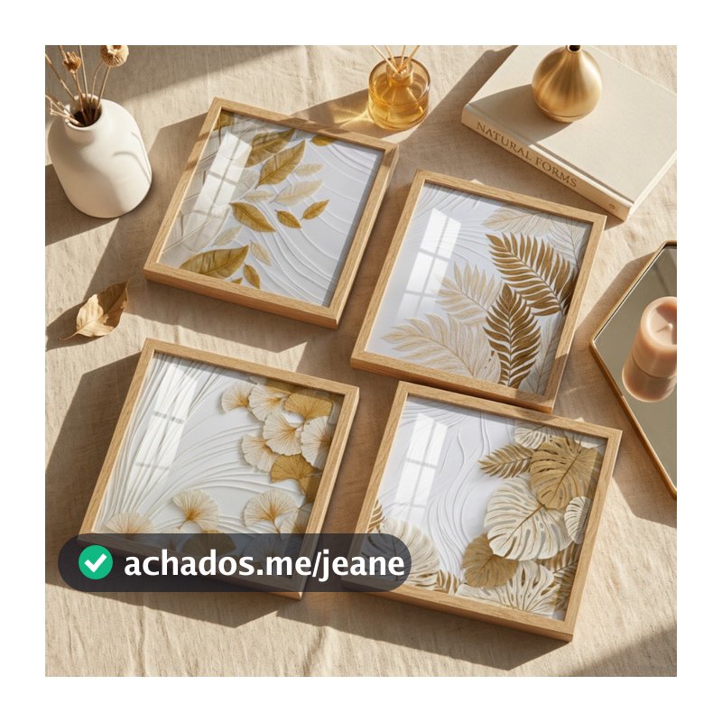 Kit 4 Quadros Decorativos Folhas Douradas 18x18 Sala Quarto Luxo Elegante Dourado Moderno Smart Deco
