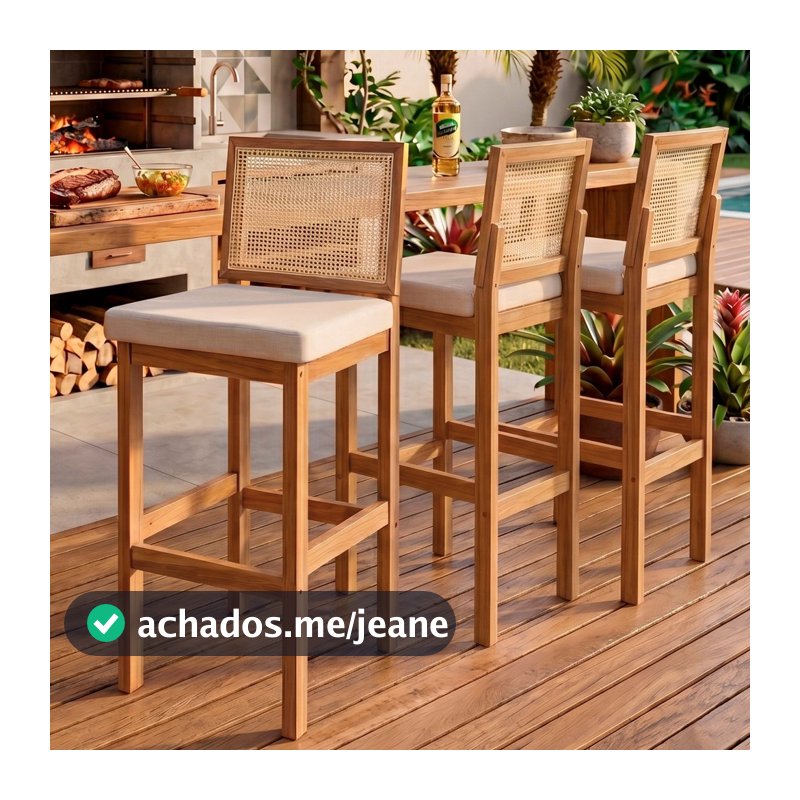 Conjunto 3 Banquetas Madeira Maciça Banco Alto Encosto Telinha Assento Estofado Bege Area Gourmet Bancada Elegante