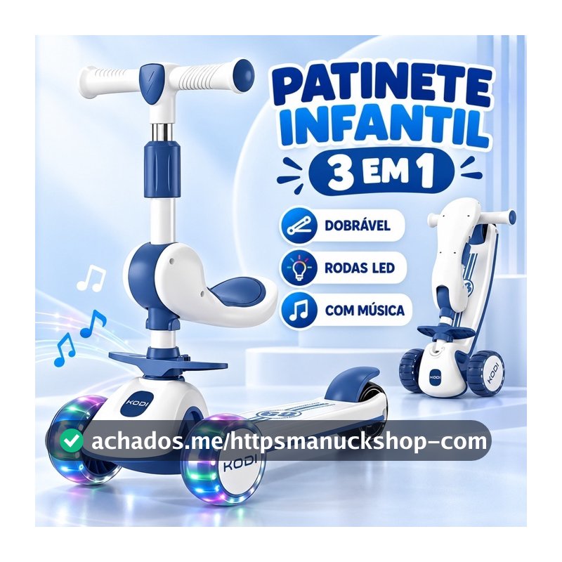 Patinete infantil dobrável 3 em 1 Assento e removível com LED e música suporta até 60 kg