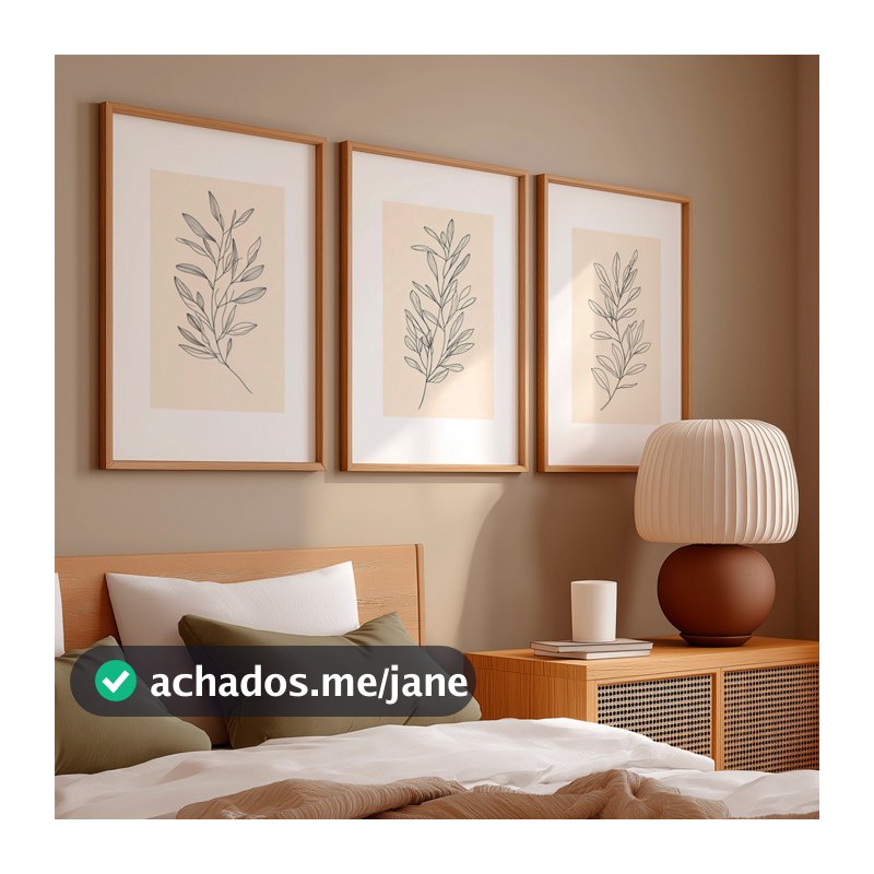 Kit 3 Quadros Decorativo Galhos Desenhados Fundo Claro Neutro Delicado Simples Com Moldura