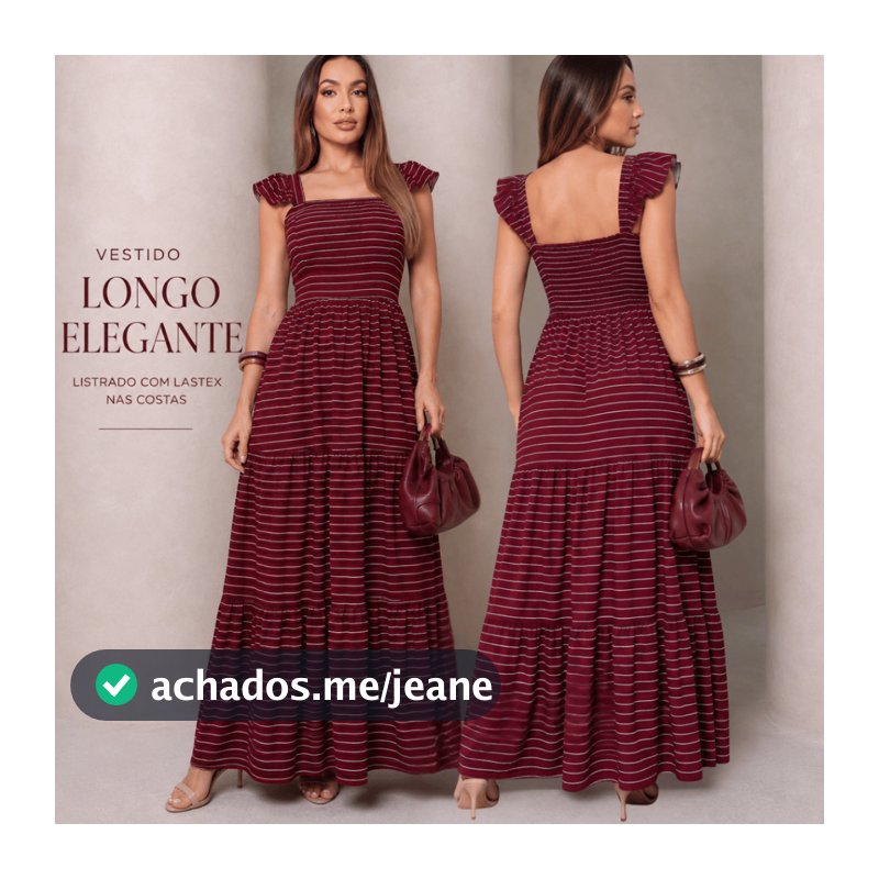 Vestido Longo Feminino Elegante Listrado com Lastex Tecido Duna Decote Quadrado Manga Babado