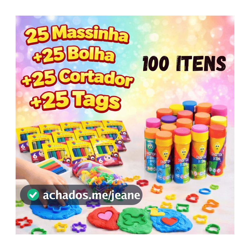 Kit 25 Cx Massinha de Modelar + 25 Bolha de Sabão + 25 Cortador + 25 Tags lembrancinhas de aniversário infantil festa