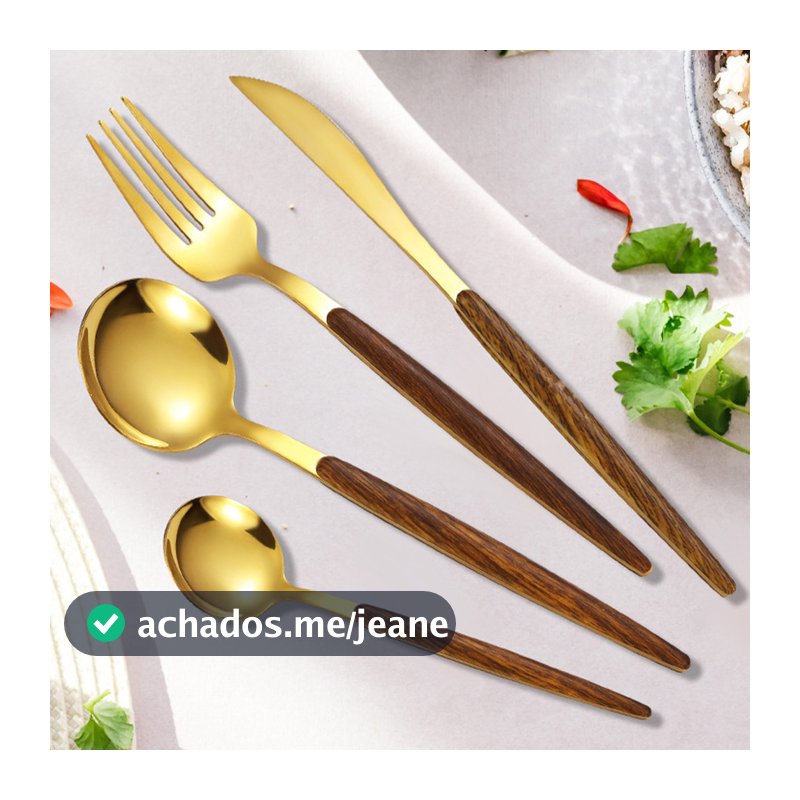Kit 24 Peças Aço Inoxidável 430 Jogo De Talheres Ouro Negro Alças De Madeira  - ZemMart-