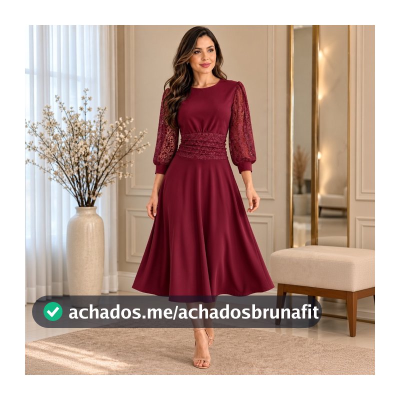 VESTIDO FEMININO CASUAL MALHA CREPE E RENDA MANGA PRINCESA MODA EVANGELICA SOCIAL MODESTA ELEGANTE