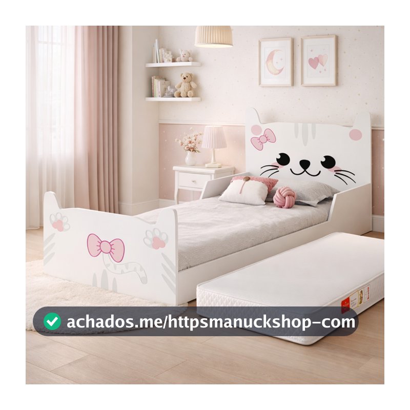 Cama Infantil Gatinho Branco Rosa em MDF Juvenil  para Quarto de Menina montessoriana com colchão
