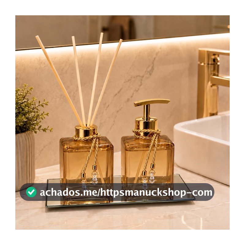 Kit Lavabo Pet Ambar Difusor de Varetas e Saboneteira Luxo Bandeja Banheiro Casa