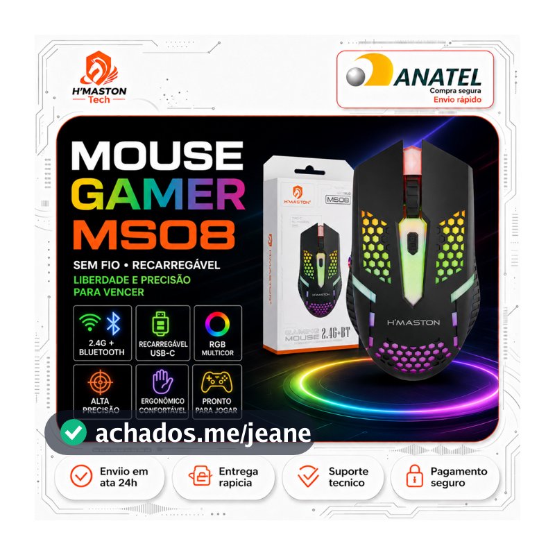 H'Maston MS08 Mouse Sem Fio Para Notebook Mouse Gamer Sem Fio Mouse Sem Fio Recarregável Mouse Ergonômico Sem Fio