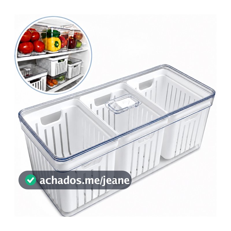 Organizador de Geladeira Grande Transparente 6,8L com 3 Cestos de Drenagem e Tampa
