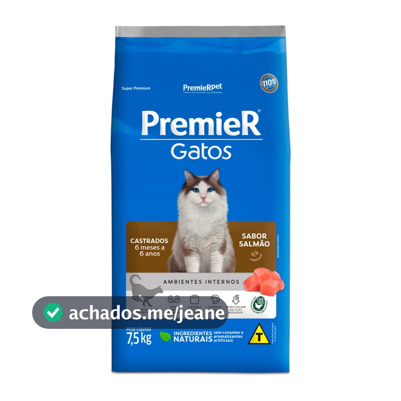 Ração Premier Gatos Castrados de 6 Meses á 6 Anos Salmão 7,5kg