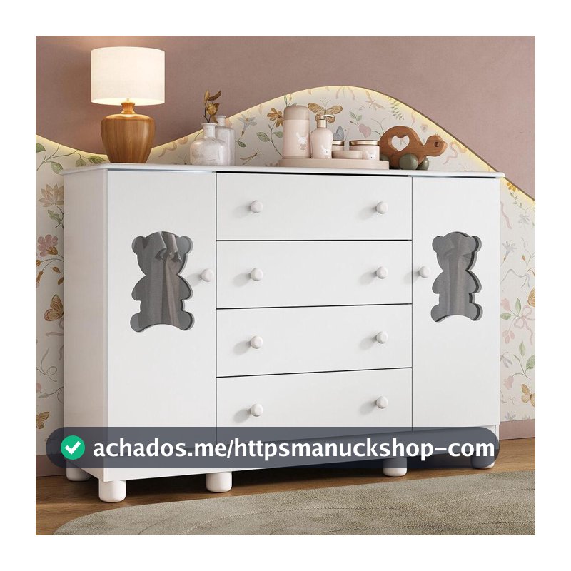 Cômoda Infantil para Bebê 125cm 2 Portas com Vidro e 4 Gavetas Fofura Multimóveis MP4485