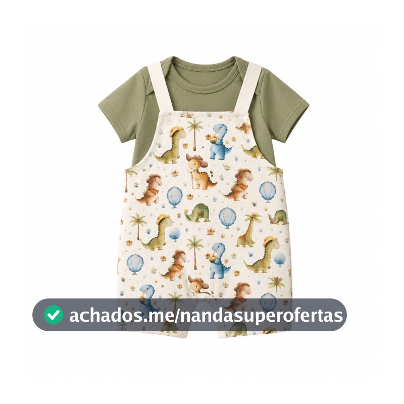 CONJUNTO JARDINEIRA DINO ESTAMPADA MANGA CURTA E MANGA LONGA BEBE INFANTIL