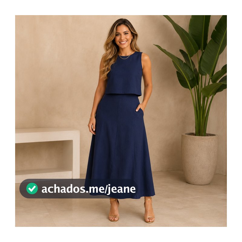 Conjunto Regata Cropped Saia Midi Evasê Zíper Linho Feminino com Bolso Social Elegante Moda Verão Casual Chic Estiloso