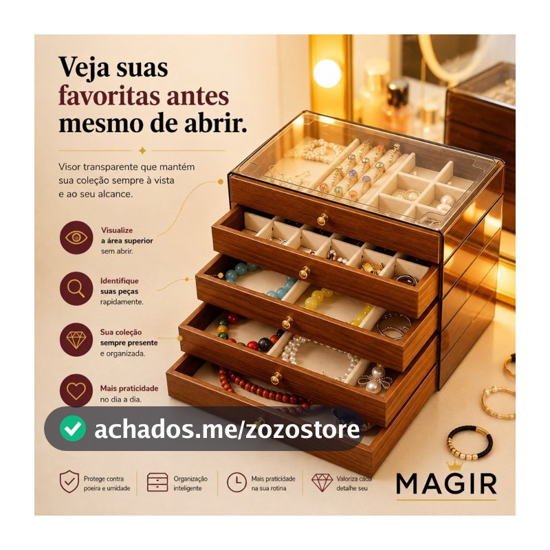 Caixa Porta Jòias+Porta Anéis Mdf 5 Gavetas Tampo Dobravel Com Vidro