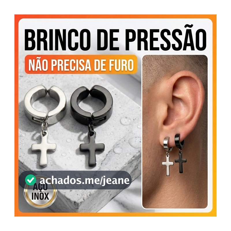 Brinco Pingente Cruz Prata de Pressão Não Precisa Furo Preto Aço Inox Unissex Masculino Feminino