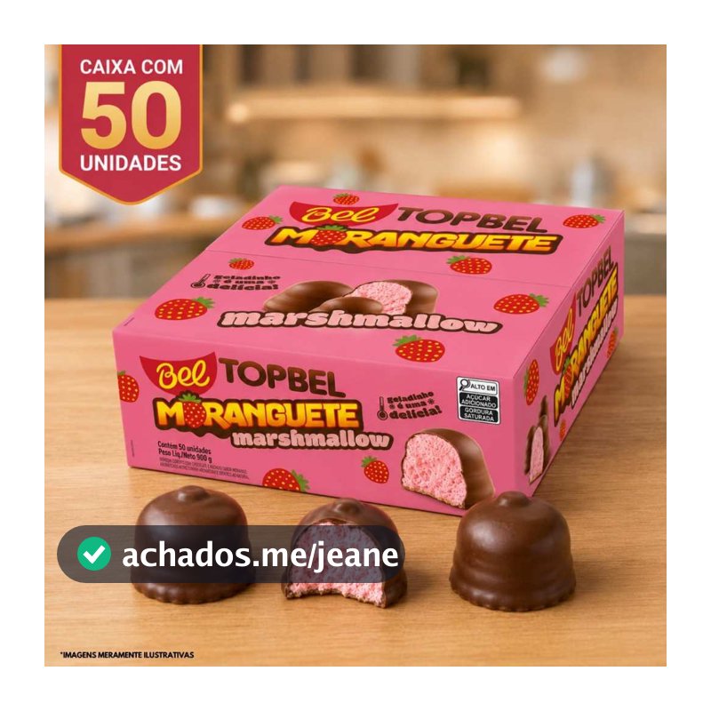 Marshmallow TopBel Moranguete Display 50 Unidades 900g Cobertura Sabor Chocolate Irresistível