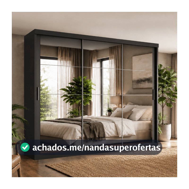 Guarda Roupa Casal Tonielque Paris 2 gavetas com Espelho nas 3 Portas de Correr