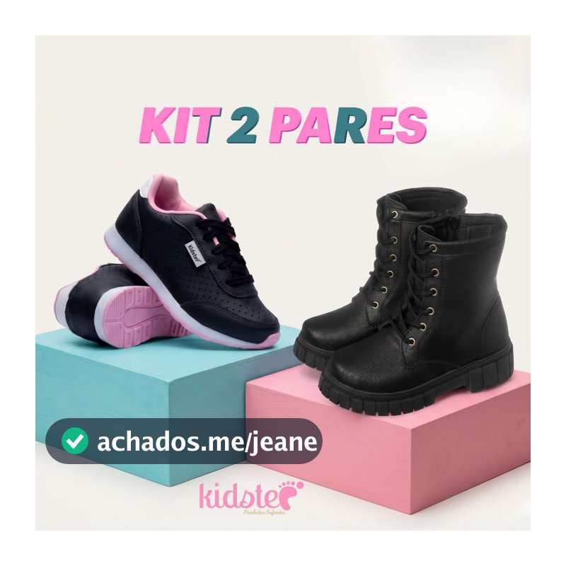 Kit 2 Pares Tênis Infantil Feminino Escolar Preto e Coturno Preto Kidstep