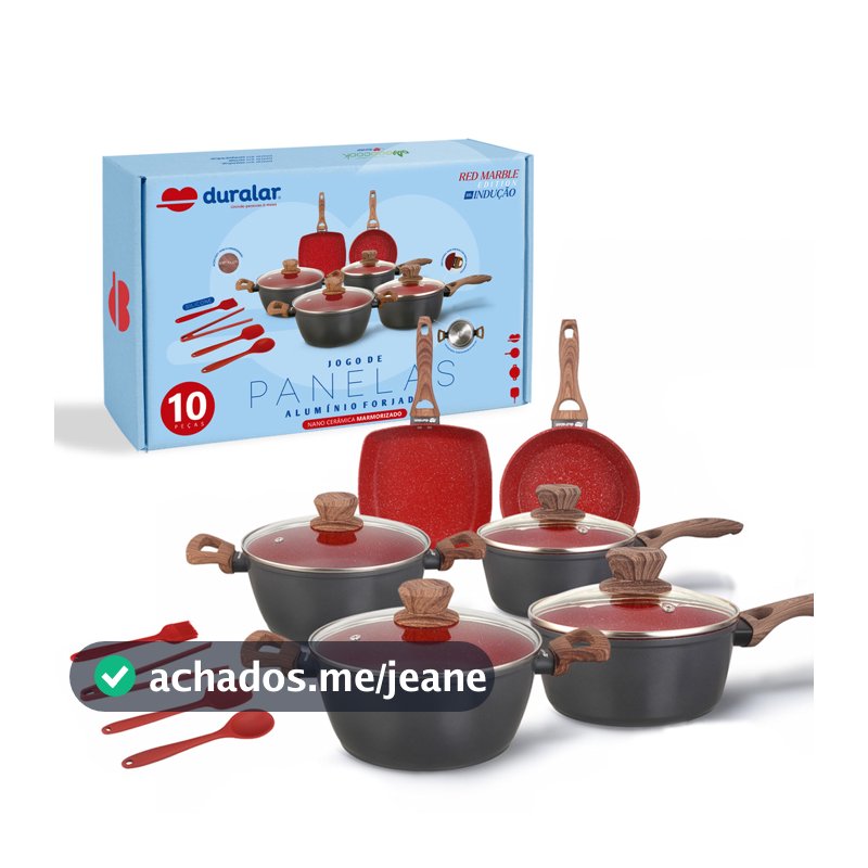 Jogo de Panela Cerâmica Antiaderente Indução 10 Pçs Fogão Cooktop Vermelho Duralar
