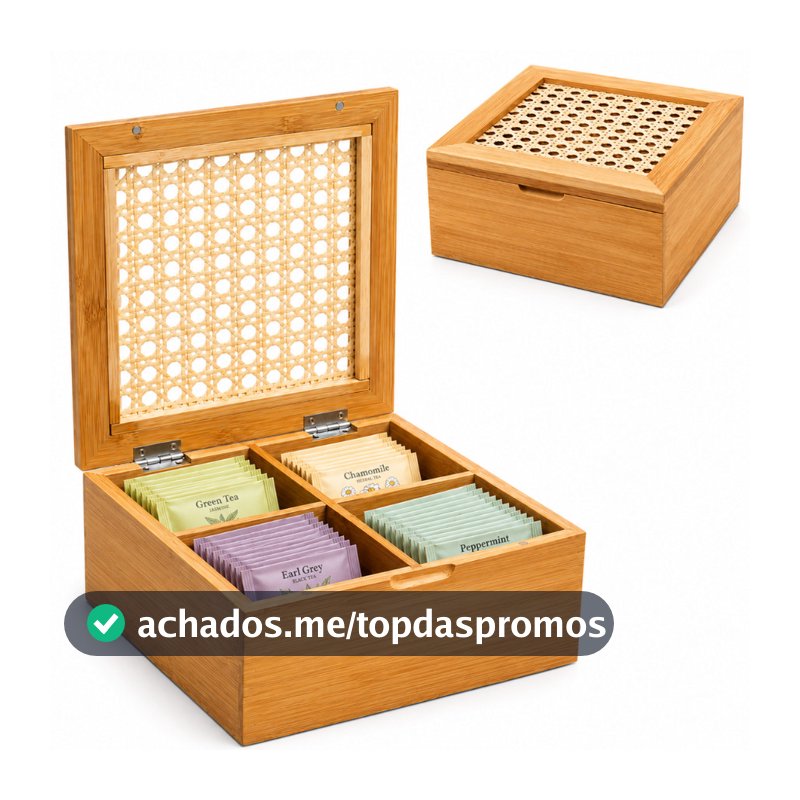 Organizador Multiuso  Porta Chá Açúcar Sachê Caixa em Bambu 4 Divisórias
