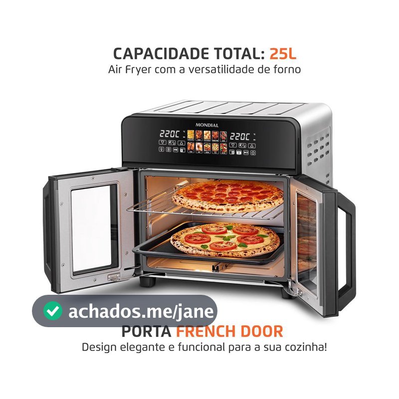 Air Fryer Forno 25L French Door Mondial Preto/Inox 2000W - AFDO-25L-FD