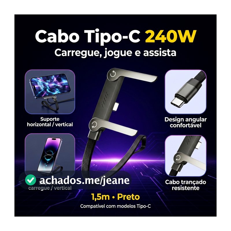 Cabo USB-C 240W 1,5m 90 Graus Carregamento Rápido Tipo C Curvado para Celular Gamer