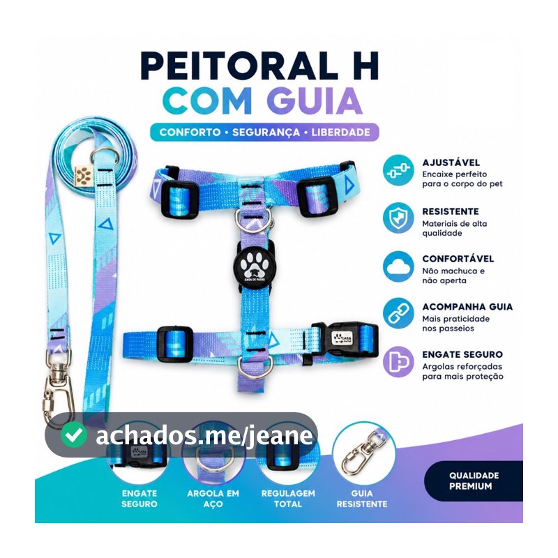 kit Coleira: Peitoral Modelo H + Guia de 2,20m Varias Estampas