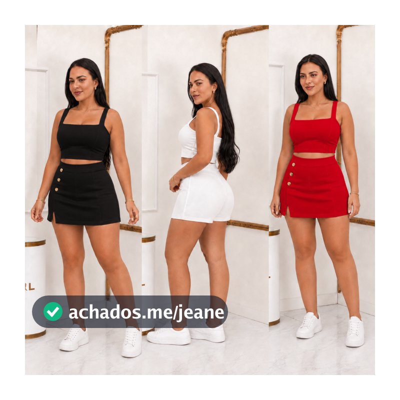 Conjunto Plus Size Feminino Cropped e Short Saia com Botões P M G GG | Tecido Premium Liverpool