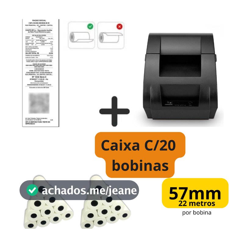 Mini Impressora Bluetooth Termica 58mm + 20 Bobinas Lisa
