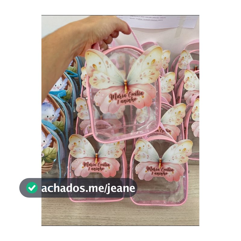 Bolsinha de mão LIZ transparente aplicação 3D 18x14 personalizada, qualquer tema! Jardim, borboleta