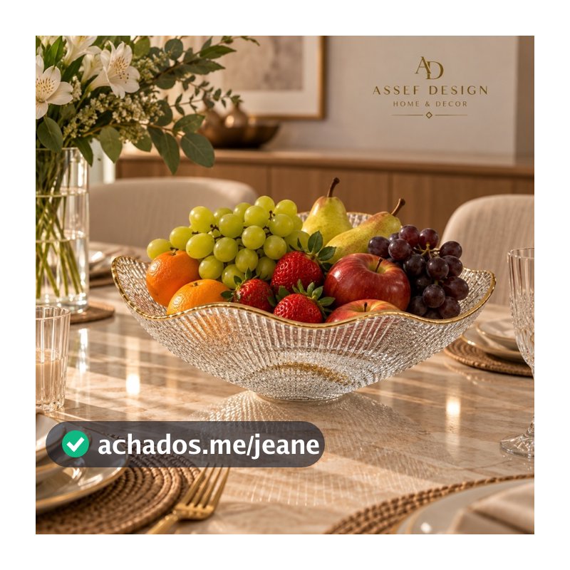 Fruteira de Acrílico Transparente Borda Dourada 25,5cm Premium | Tigela Fruteira Grande Decorativa para Mesa Cozinha