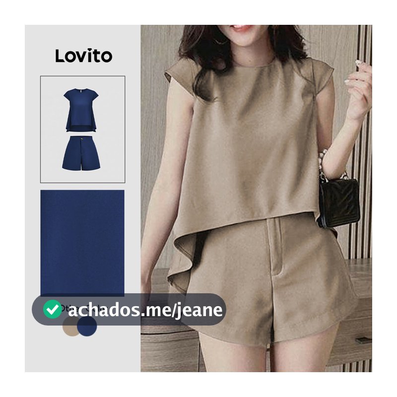 Lovito Casual Conjuntos de Shorts com Pregas para Primavera/verão Shorts Caqui para mulheres L154ED206