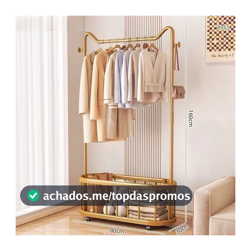 Cabideiro de Chão Dourado com Orelhas de Gato 60/80cm para Quarto com Cesto Organizador e Rodas