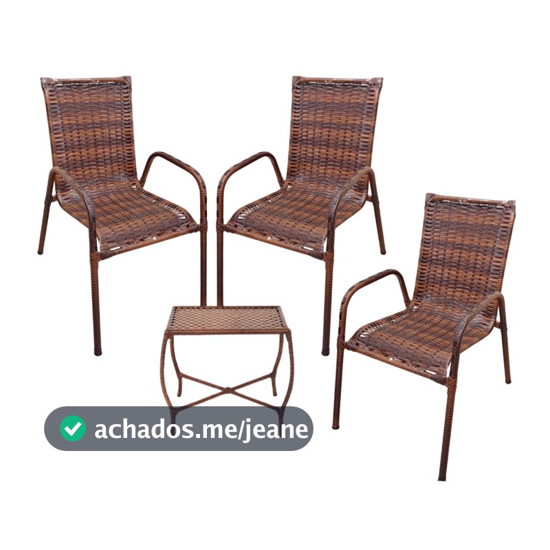 Kit 3 Cadeiras Decorativas Junco Fibra Sintética + Mesinha Moderna Jardim Piscina Área Gourmet