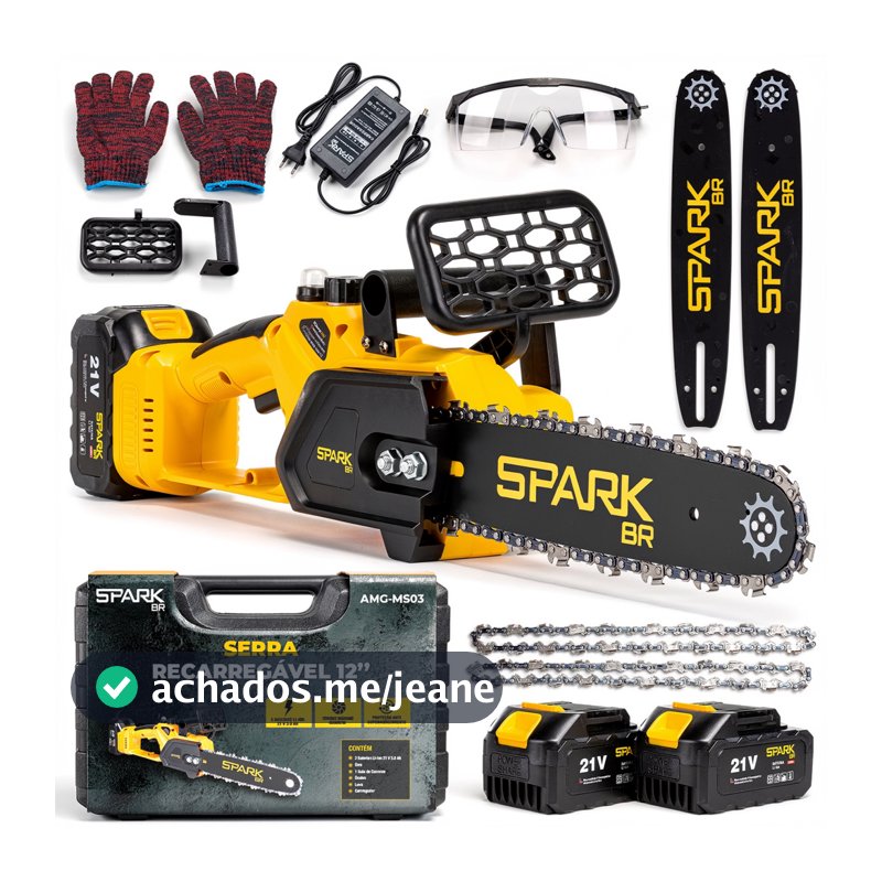 Motosserra Elétrica 12 Polegadas 21V Portátil 2 Baterias 3000mAh Recarregável 4800 RPM Spark BR