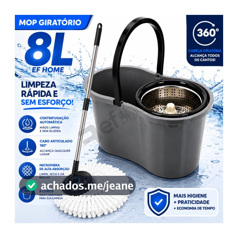 Mop Com Centrifuga Inox e Cabo em Inox Com Refil De Microfibra 8 Litros Mopi