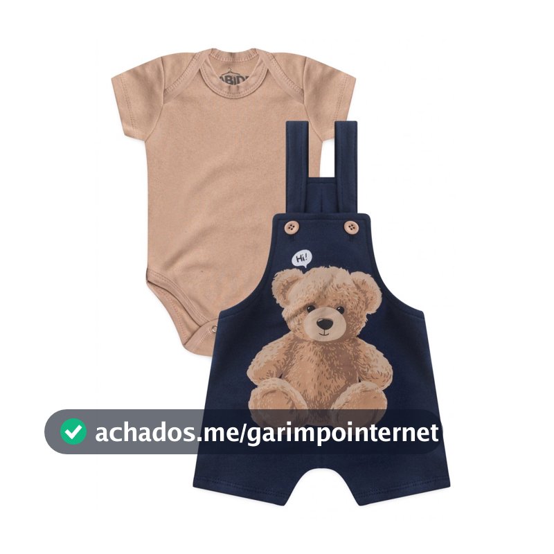 Conjunto Roupa Infantil Jardineira e Body – Cor Marinho, Algodão e Estampa de Urso